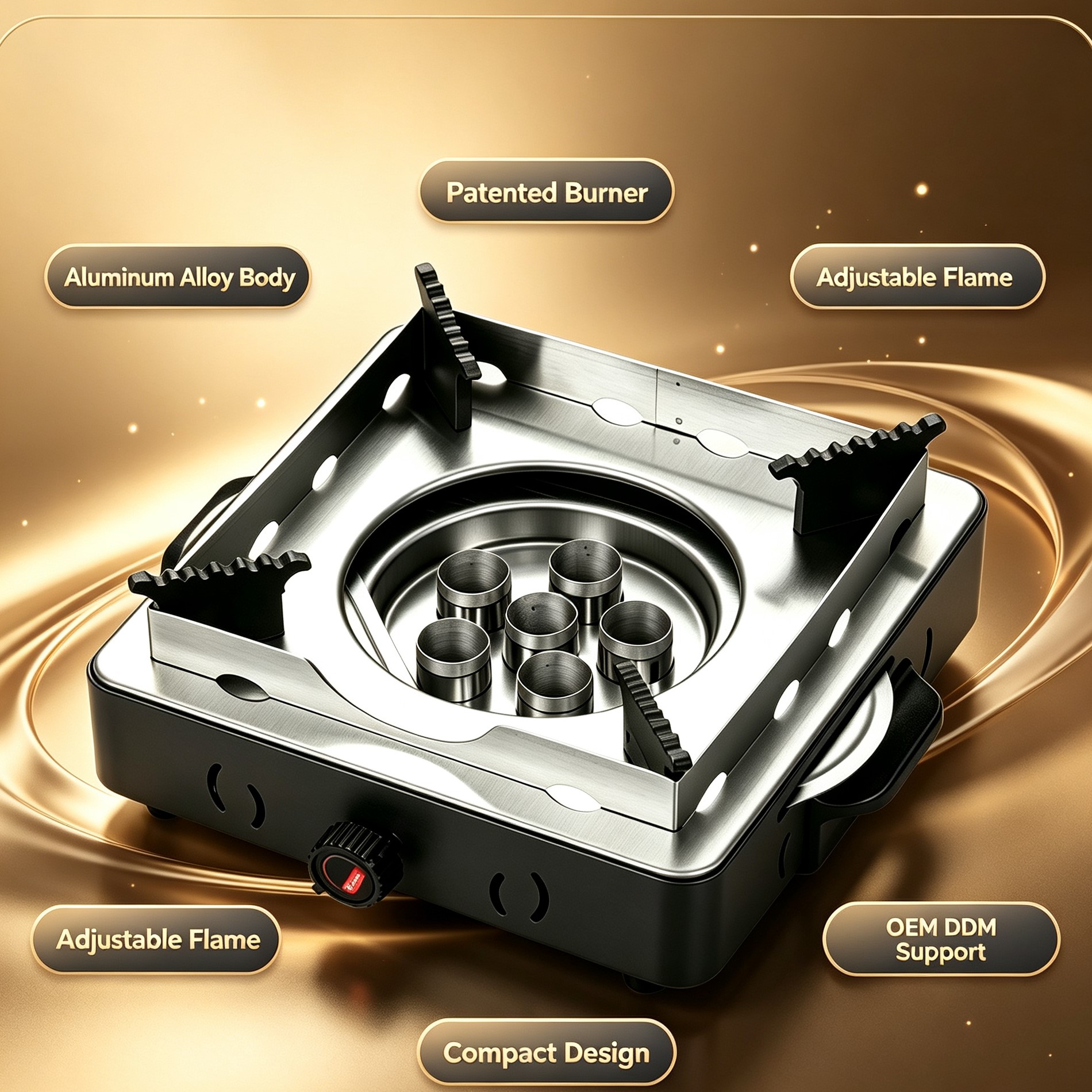6‑Burner Portable Cassette Stove, Aluminum Alloy Body, Patent Burner Core, Adjustable Firepower for Household Outdoor Camping Use  Categories: Portable Cassette Stove