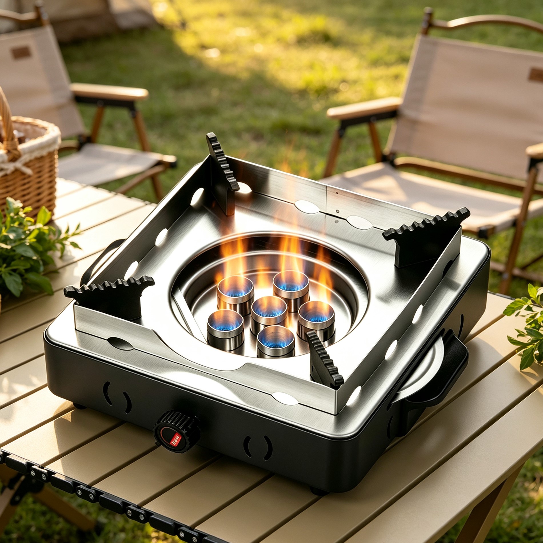 6‑Burner Portable Cassette Stove, Aluminum Alloy Body, Patent Burner Core, Adjustable Firepower for Household Outdoor Camping Use  Categories: Portable Cassette Stove